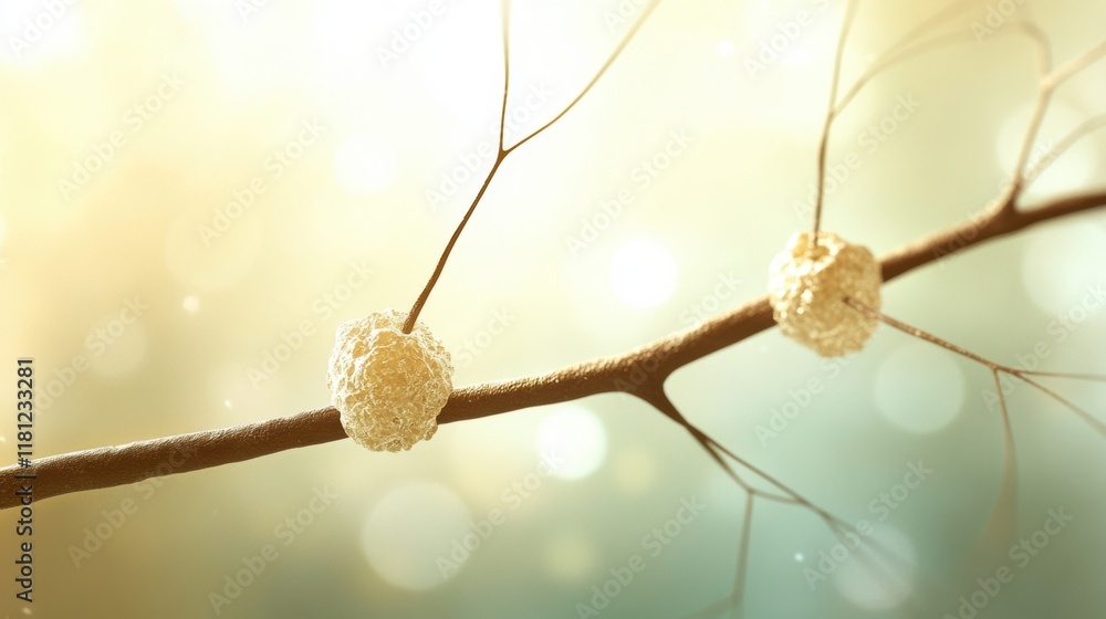Poster sunny tree branch with unique round growths in serene background