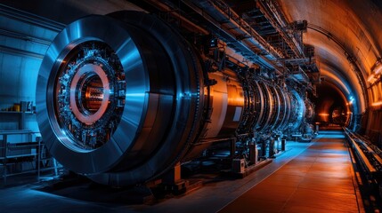 A high-energy particle collider glowing with vibrant light trails on a dark industrial background. Copy space.