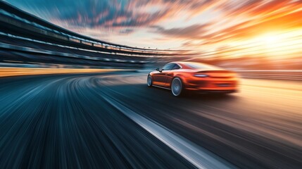 competitive racing photography, extreme motion capture, blurred background stands, precise vehicle focus, dramatic speed lines, professional racing circuit, sunset lighting conditions, atmospheric