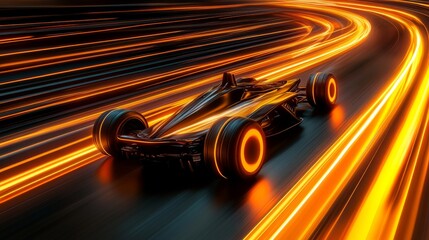 Fototapeta premium cyberpunk racing scene, high speed light trails, dark futuristic cityscape, neon streaks, racing silhouette, dramatic perspective, orange light effects, ultramodern aesthetic, motion blur, cinematic