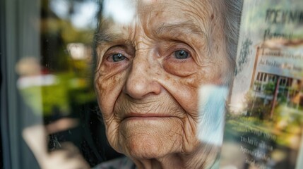 Closeup portrait of an elderly woman looking through a newspaper