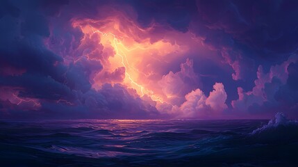 Day thunderstorm horizon with roiling storm clouds and lightning bolts sharply lighting the dramatic scene.