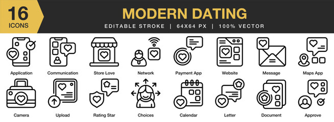 Modern Dating icon set. Editable Stroke Icon Collection. Includes Dating, Letter, Love, Romance, Valentines, and More. Outline icons vector collection.
