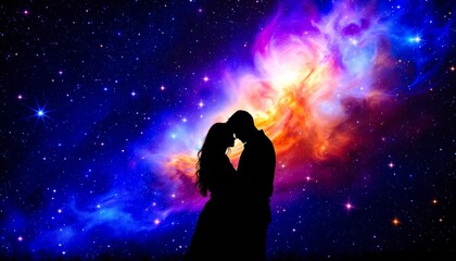 Silhouette of a couple embracing against a vibrant, starry night sky. Cosmic romance.