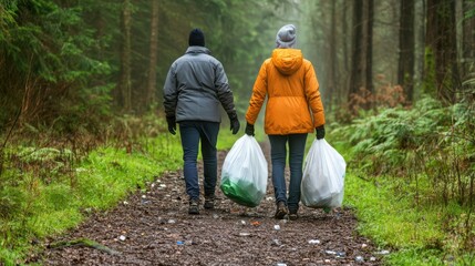 Two adults cleaning forest trail with garbage bags in winter gear