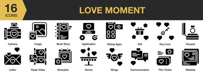 Love Moment solid icon set. Includes Book, Love, Story, Romantic, Novel, and More. Solid icons vector collection.