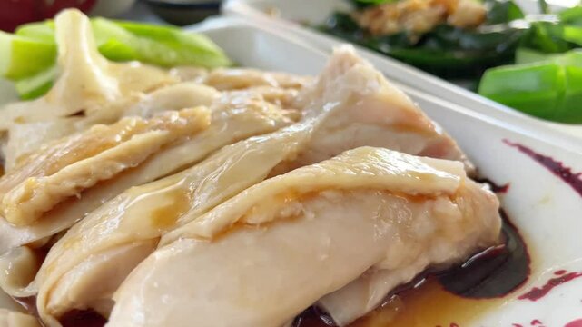 Close up of dish, Steam chicken rice, Sliced hainan-style chicken&nbsp;with marinated rice. Singapore-style steam chicken rice. Yummy and juicy boiled chicken.