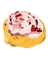 Illustration of bread bun or cinnamon roll with  caramel and sugar, sweet pastry.
