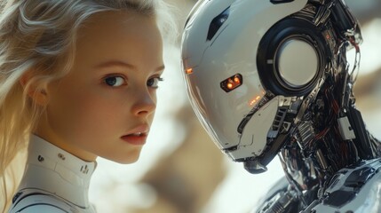Fototapeta premium Closeup portrait of a woman and a futuristic robot