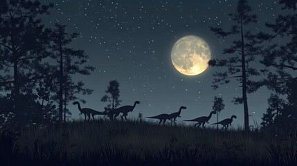A serene night scene featuring silhouettes of dinosaurs under a full moon and starry sky.