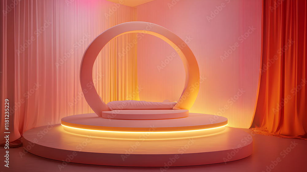 Poster a futuristic 3d podium with a glowing circular design serves as a high-tech stage for a product disp