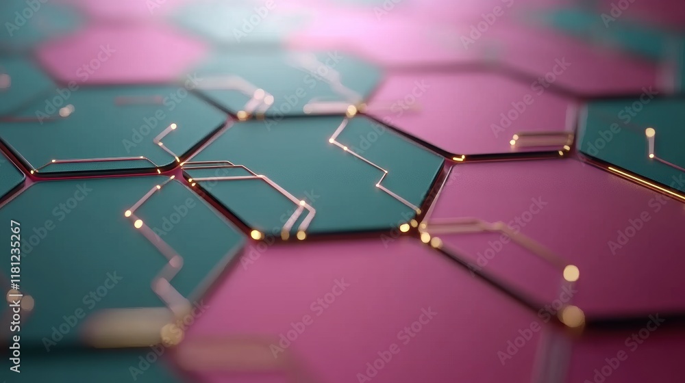 Aufkleber abstract geometric hexagonal pattern with gold circuit lines on pink and green surface