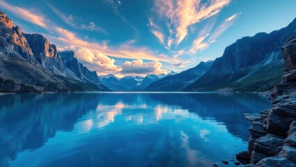 View of mountains and lake with harsh weather and cloudy but blue sky