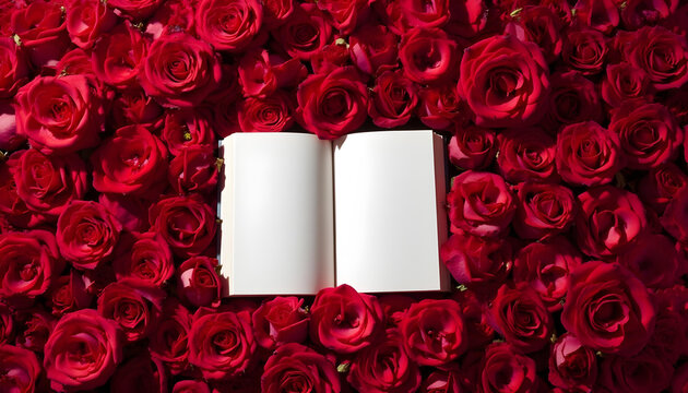 Libro en blanco abierto y rosas rojas alrededor para el D&iacute;a del Libro, Sant Jordi en Catalu&ntilde;a. 
