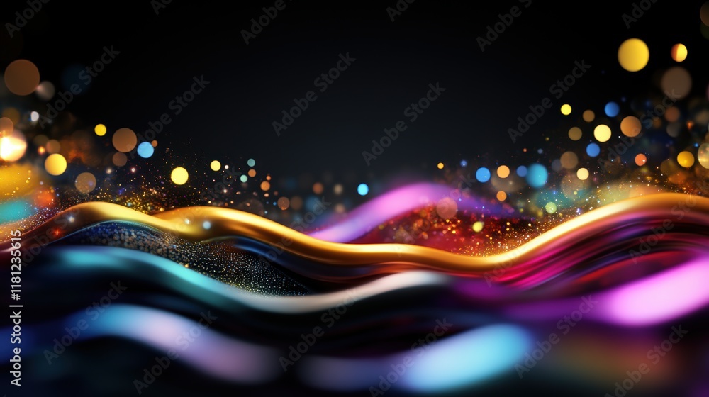 Poster colorful abstract light waves with sparkling bokeh on black background