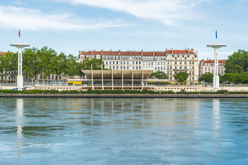 View of left Rhone Riverbank with buildings in Lyon City, France