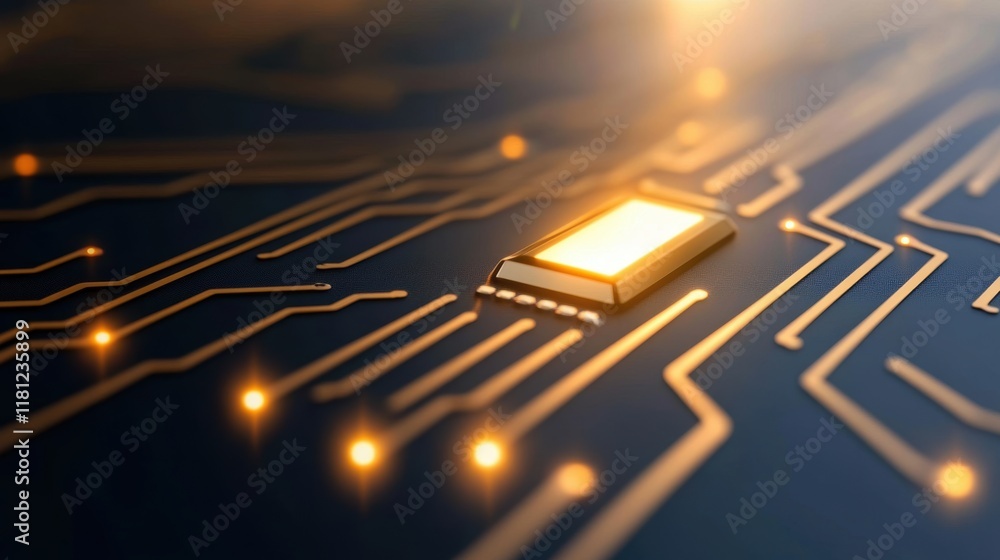 Poster close-up of a glowing microchip on a circuit board with golden connections