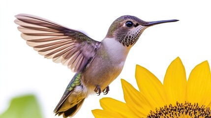 Fototapeta premium A hummingbird hovering near a vibrant sunflower, showcasing nature's beauty.