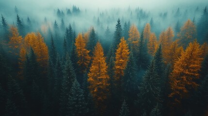 Misty forest landscape with vibrant orange trees amidst a foggy backdrop.