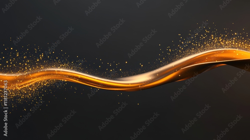 Poster glowing abstract golden wave with sparkling particles on dark background