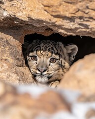 Fototapeta premium Adorable Snow Leopard Cub Peeking from Rocky Crevice Winter Wildlife