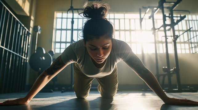 Young Hispanic woman in uniform performing push-ups in a prison gym, embodying determination and strength during fitness training