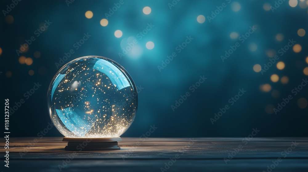 Poster enchanted snow globe: a mesmerizing snow globe sits on a rustic wooden surface, glowing with etherea