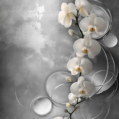 Plakat Elegant white orchids with grey textured background and silver circles.