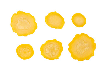 Marinated sliced patty pan cuts isolated, pickled pattypan squash pieces, salted yellow patisson