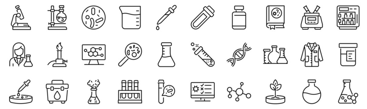 Set of 30 outline icons related to laboratory. Linear icon collection. Editable stroke. Vector illustration	
