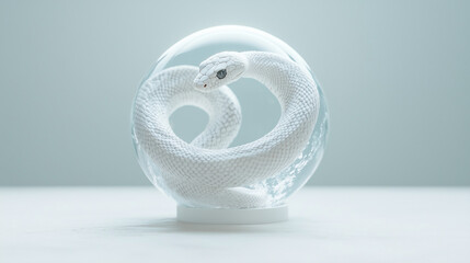 Enigmatic Serpent in a Glass Sphere: A white snake, coiled in a mesmerizing spiral, is encased within a crystal-clear sphere, creating a captivating and enigmatic scene.