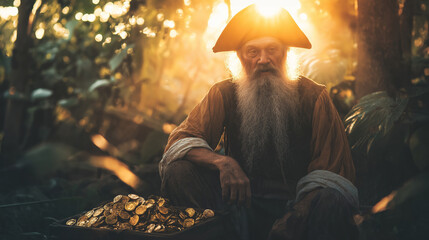 Fototapeta premium Portrait of an old pirate with a long white beard guarding his treasure chest full of gold coins at sunset in the jungle