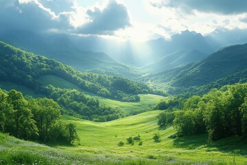 Obraz premium Beautiful green valley under a cloudy sky with sunlight shining through mountains during the day