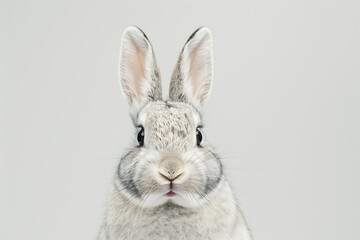 Obraz premium Close-up shot of a rabbit on a white surface , Surprised Funny Cute Bunny with Big Eyes on Light Background, Cute Animal Portrait ,white rabbit ,Close-Up of Rabbit With Soft Gray Fir Against Light