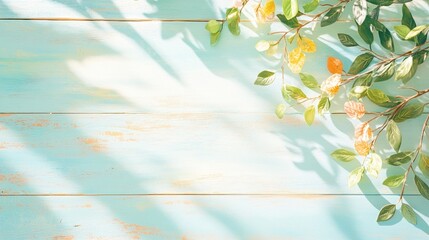 pastel color wooden table with scattered tropical leaves backgorund