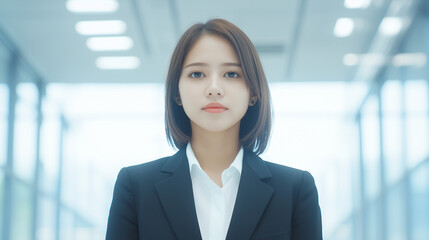 Confident Businesswoman Portrait: A young Asian businesswoman exudes confidence and professionalism in a modern office setting. Her serious expression and sharp attire convey competence and ambition.