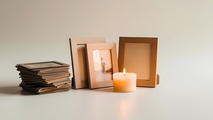 A nostalgic arrangement of vintage photo frames, a glowing candle, and a stack of old photographs, evoking warm memories and a sense of timeless elegance in soft lighting.