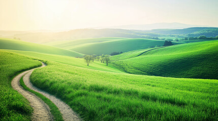 Fototapeta premium Dirt road winding through a field of lush green grass, rolling hills and trees in the background, illuminated by warm sunset light