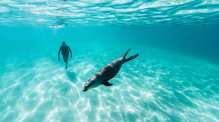 Obraz premium Underwater shot of a diver swimming near a seal in turquoise waters, creating a peaceful and harmonious scene