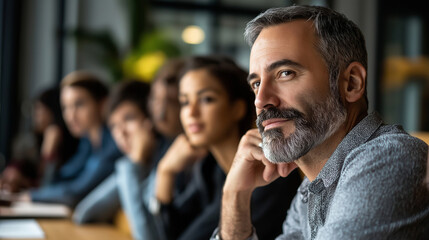 Obraz premium Experienced executive attentively listening to colleagues discussing strategy in modern corporate boardroom
