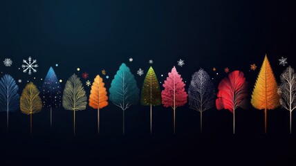 Vibrant geometric trees adorned with snowflakes against a dark backdrop, creating a striking winter wonderland.