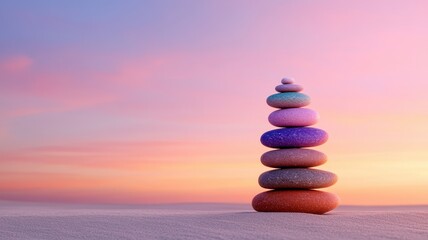 Obraz premium Vibrant stacked stones create a colorful display on a serene sandy beach, inviting tranquility and harmony.