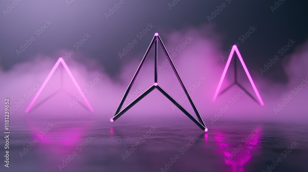 Poster futuristic neon triangle structures on misty surface