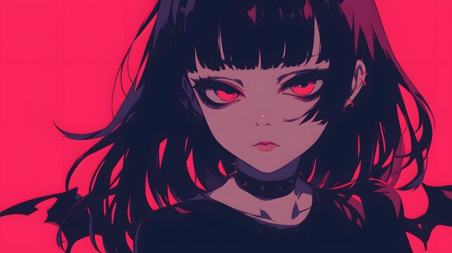 Gothic vampire girl in anime style, with an emo outfit and dark background
