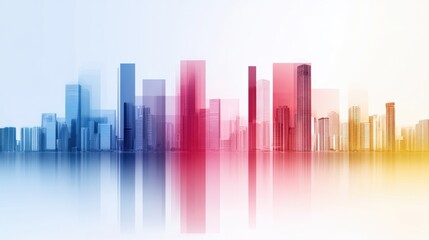 Abstract colorful cityscape with modern geometric skyscrapers and reflection