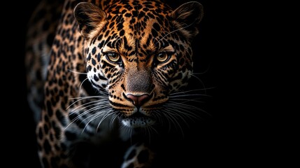 Fototapeta premium A close-up of a jaguar with striking fur patterns against a dark background.