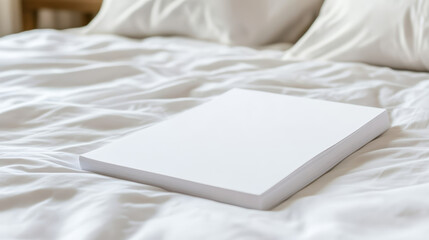 Rumpled hotel bedding surrounding blank travel document, soft lighting illuminating minimalist travel planning concept