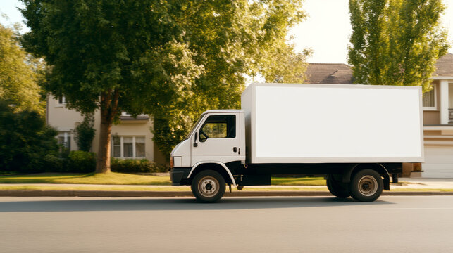 Commercial delivery truck navigating residential street, blank white side panel ready for graphic branding or advertising message