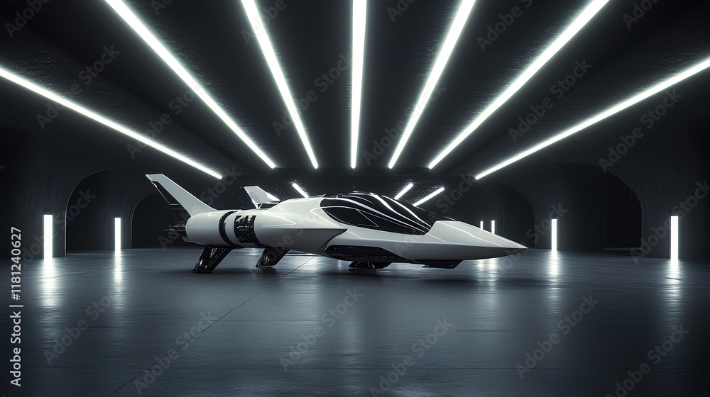 Poster a futuristic, elegant spaceship is depicted in a dark, modern underground garage tunnel, with glossy