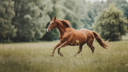 Obraz premium Chestnut horse galloping in a field with lush green grass and trees in the background, enjoying freedom and nature